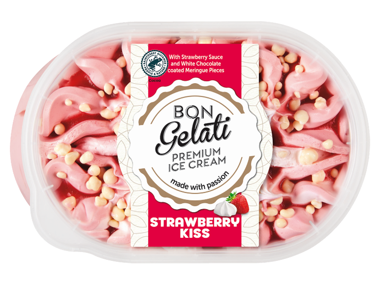 Bon Gelati Premium is Strawberry Kiss med jordbærsauce og marengsstykker