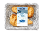 Panerede fiskefileter i Fish & Chips-stil emballage, 200g, med bakke med avistryk.