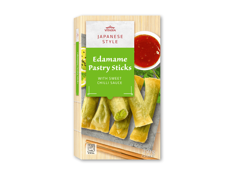 Japanske edamame wienerbrødsstænger med sød chilisauce, 250g frosne.