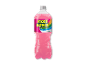 En lyserød limonadeflaske med en farverig etiket, der angiver 'Pink Lemonade' og '0 Kalorier'.