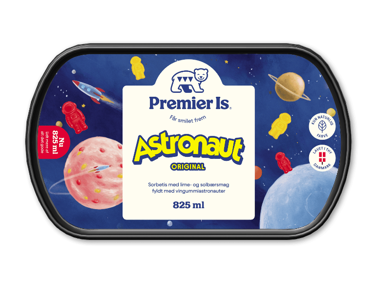 Lime- og solbærsorbet med vingummiastronauter, rumtema.