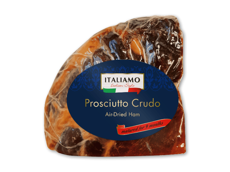 Pakket italiensk Prosciutto Crudo, lufttørret skinke modnet i 9 måneder.