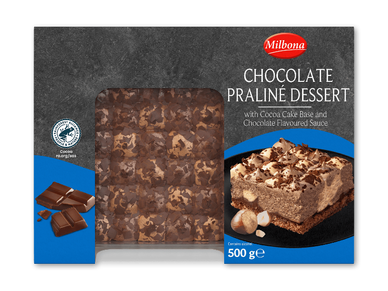 Milbona chokolade-praliné dessert med kakaobund og chokoladesovs.