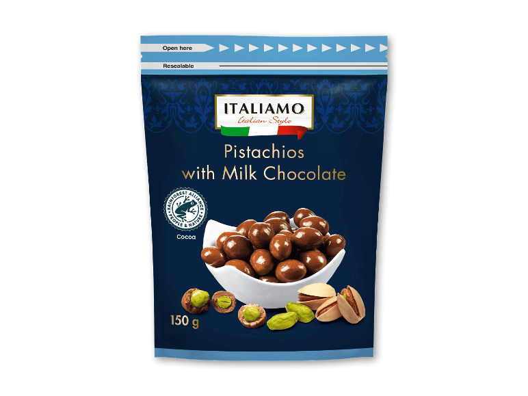Pistacienødder med mælkechokolade i en genlukkelig pose, 150 g.