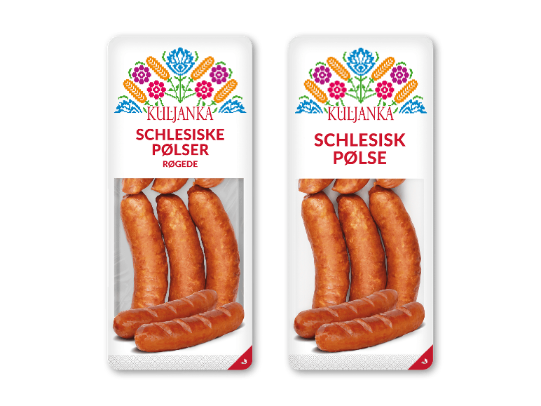 To Kuljanka Schlesische Grobwurst 600g pakker med pølser og blomstermønstre.