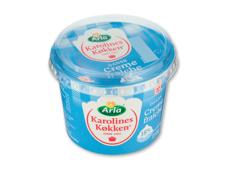 Blå emballage med creme fraiche, 18% fedtindhold, 250g.