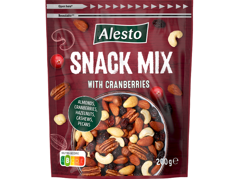 Alesto Snack Mix med tranebær, nødder og kerner i en 200 g pakke.