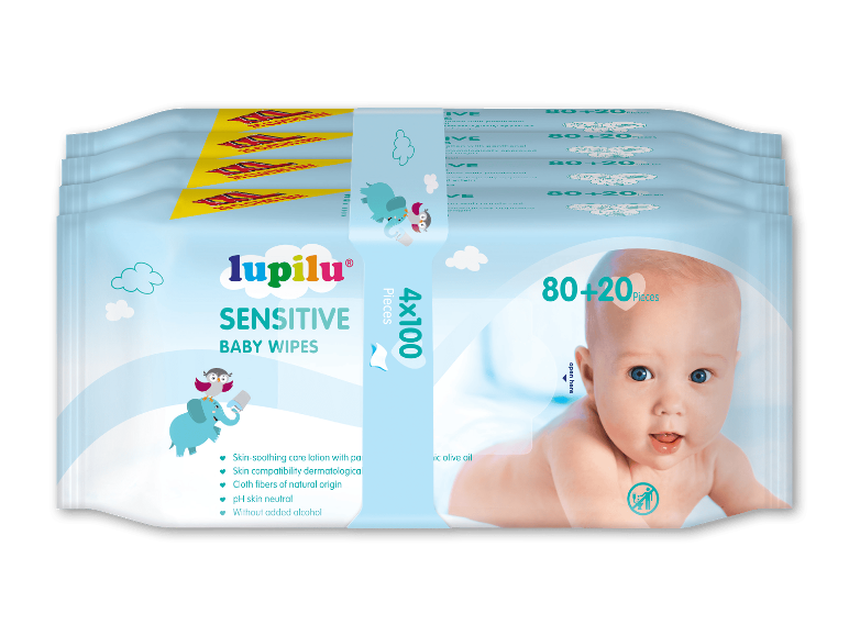 Sampak med fire babyservietter til sart hud.