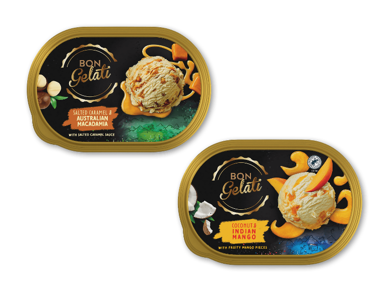 Bon Gelati is med smag af saltkaramel og macadamia samt kokos og mango.