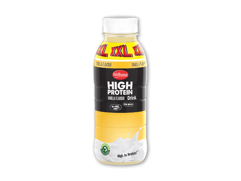 Proteinrig drik med vaniljesmag i en XXL-flaske.
