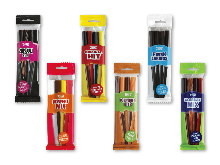 Forskellige slikposer, inklusive lakrids, karamel og blandinger.