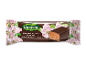 Glaseret kvarkbar med chokoladesmag, pakket med lyserøde blomster.
