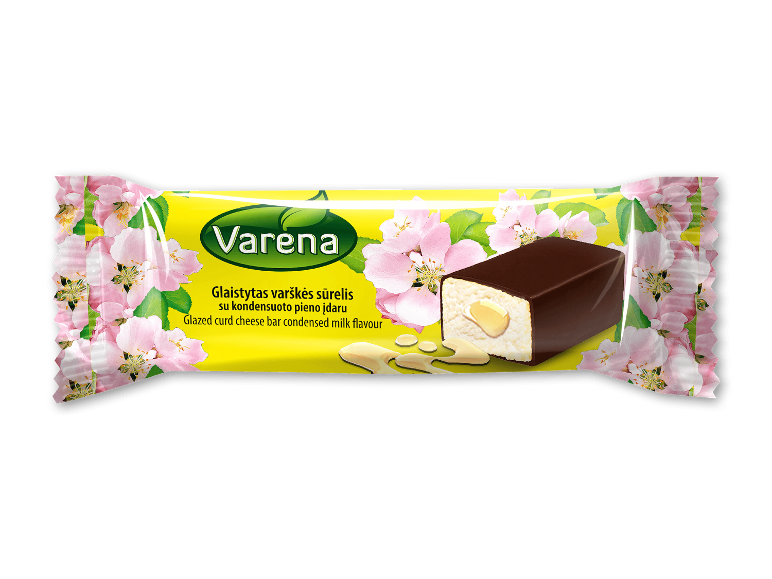 Glaseret ostebar med kondenseret mælkefyld i gul emballage med lyserøde blomster.