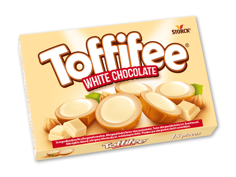 Pakke Toffifee med hvid chokolade, hasselnødder og hvid chokolade, 15 stykker.