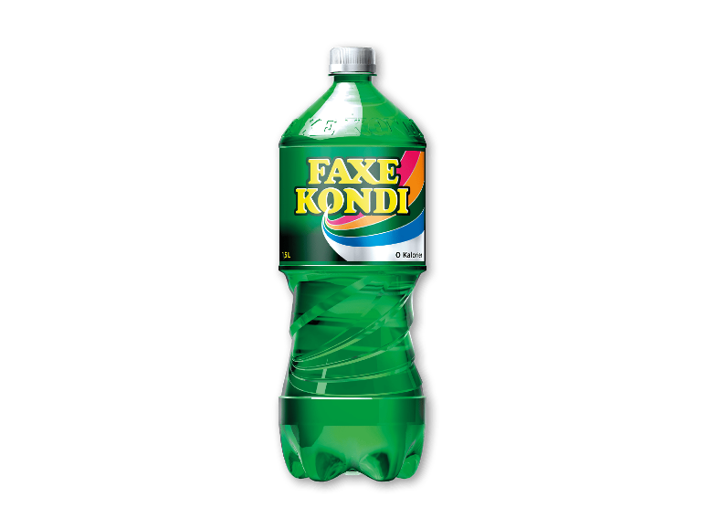 Grøn sodavandsflaske med etiket, der angiver 'Faxe Kondi' og '0 Kalorier'.