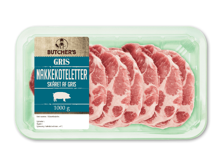 Butcher's nakkekoteletter af gris, 1000g pakke.