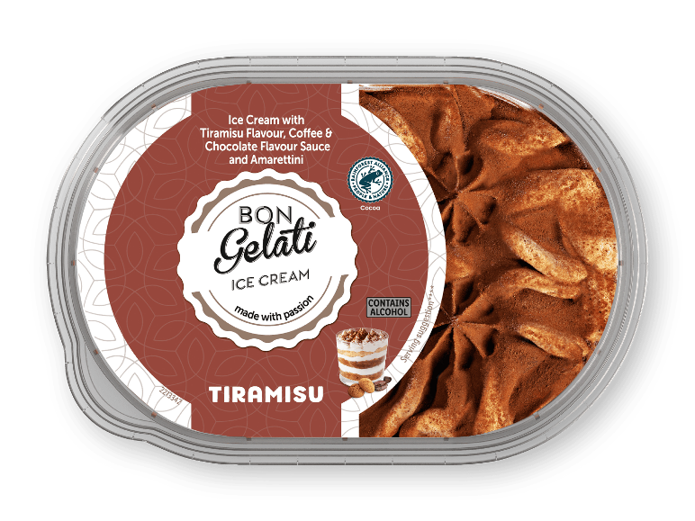 Is med tiramisusmag, kaffe, chokoladesovs og amarettini.