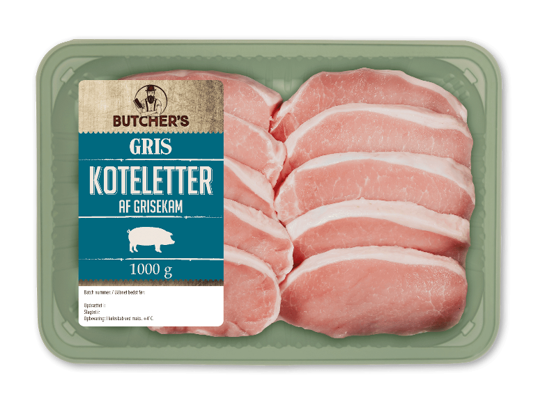 Butcher's svinekoteletter af grisekam, 1000 g pakke.
