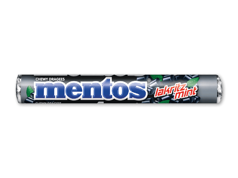 Rulle med tyggepastiller med smag af lakrids og mynte i grå indpakning.