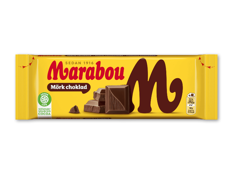 Mørk chokolade i en gul indpakning.