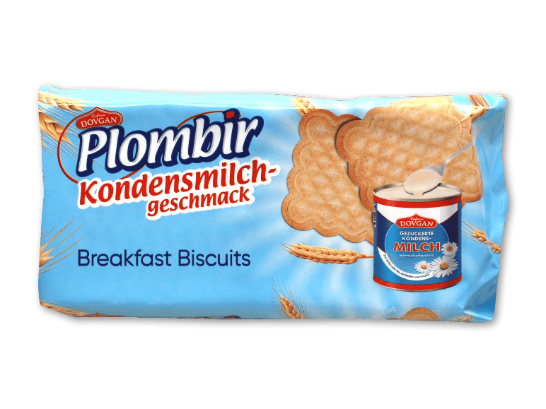Pakke morgenmadskiks med kondenseret mælkesmag og en dåse kondenseret mælk.
