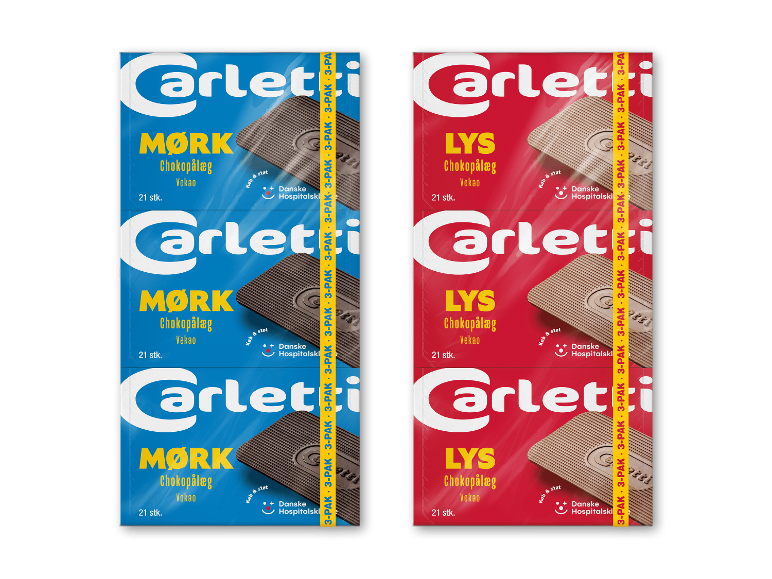 To 3-pakker chokoladepålæg, en mørk og en lys, med 21 stykker i hver.