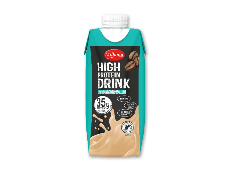 Højprotein kaffedrik med 35g protein, lavt fedtindhold, laktosefri og uden tilsat sukker.