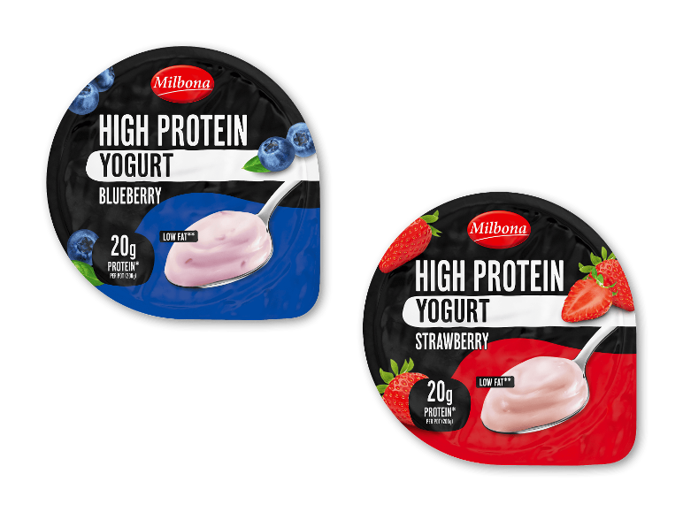 To proteinrige yoghurter: blåbær og jordbær, begge med 20g protein og lavt fedtindhold.