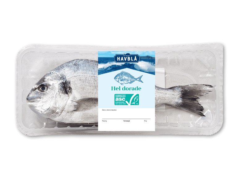 Frisk hel dorade fra Havblå, ASC-certificeret og vakuumpakket.