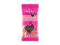 Marcipanhjerte overtrukket med chokolade i lyserød emballage.