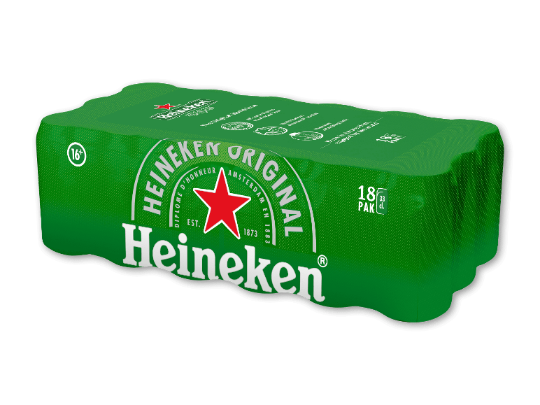 18-pak øldåser med grøn indpakning og hvidt logo.