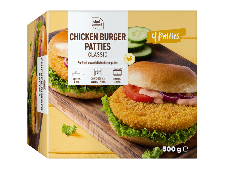Æske med 4 klassiske kyllingeburgerbøffer med tilberedningsvejledning og en vægt på 500g.