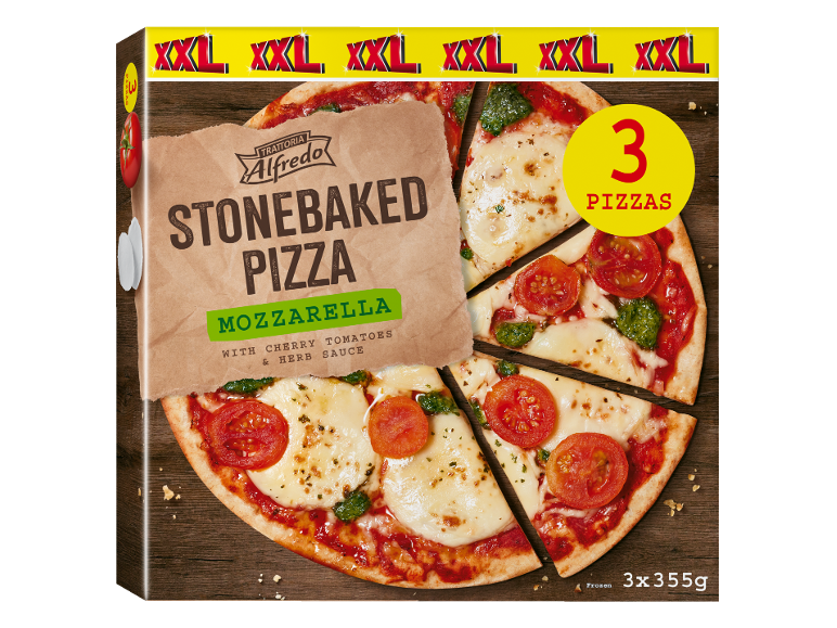 Stenbagt mozzarella pizzakasse med 3 store pizzaer og cherrytomater.