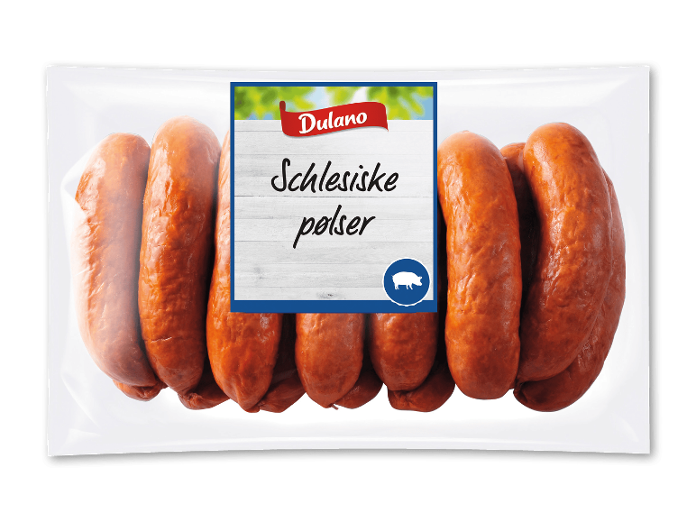 Pakke med schlesiske pølser, med teksten 'Schlesisiske pølser' på etiketten.