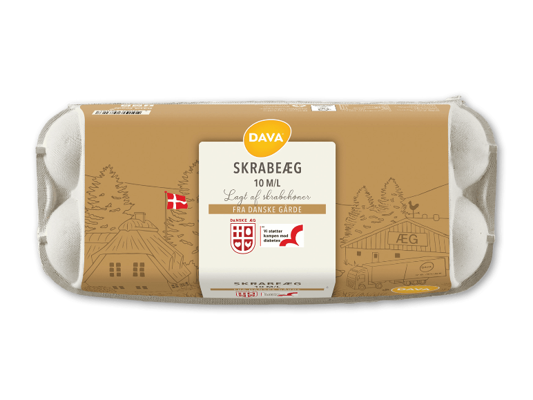 En bakke med 10 mellemstore/store æg fra danske gårde, med en rustik gårdsillustration.