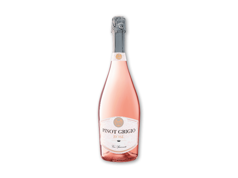 En flaske rosé Pinot Grigio mousserende vin med sølvfolie top og en hvid etiket.