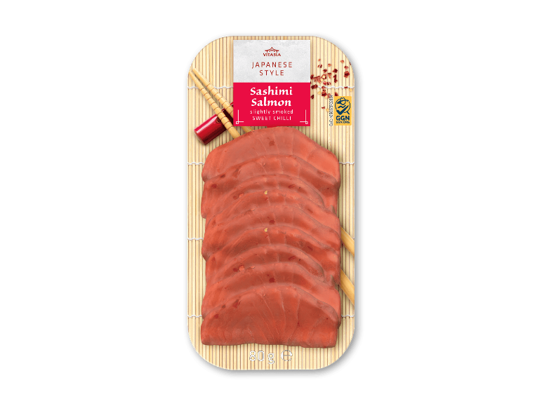 Sashimi laks i japansk stil, let røget med sød chili, 80g.