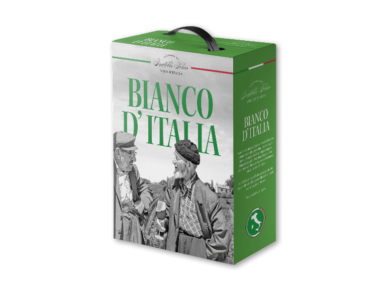 Hvidvinskasse med to ældre mænd, grønt og hvidt design samt italienske flagdetaljer.