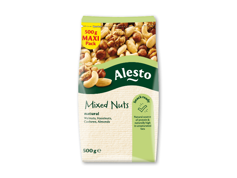 Alesto blandede nødder i en 500 g pakke.
