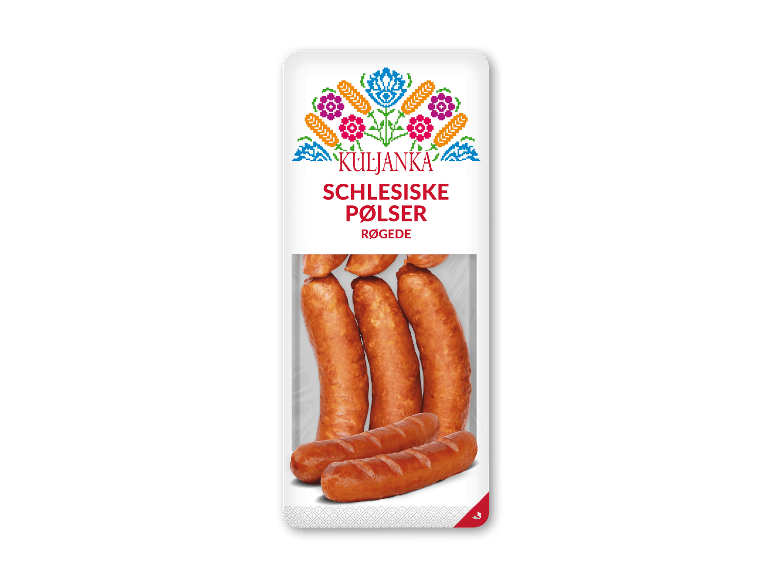 Kuljanka Schlesische Røgede pølser 600g pakke med traditionelt mønster.