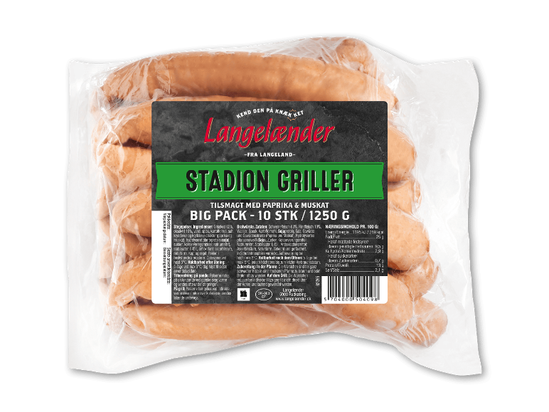 Pakke med 10 grillpølser, 'Stadion Griller', med paprika og muskat.