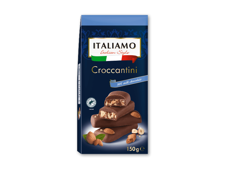 Emballage til chokoladebarer med nødder, mærket 'Croccantini' og '50% mælkechokolade'.
