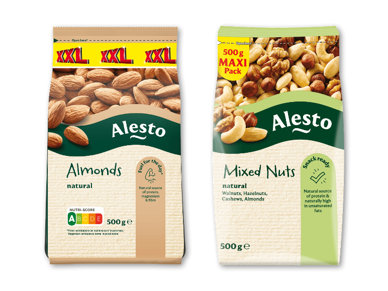Alesto naturlige mandler XXL og blandede nødder i 500 g pakning.
