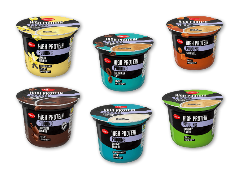 Seks bægre Milbona High Protein Pudding med smag af vanilje, kaffe, karamel, chokolade, kokos og hasselnød.