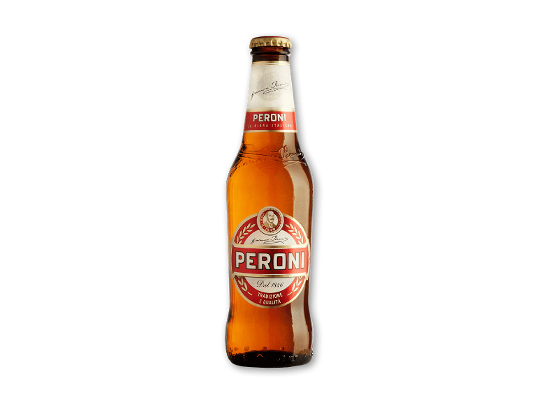 En enkelt flaske italiensk lagerøl med en rød og hvid etiket.