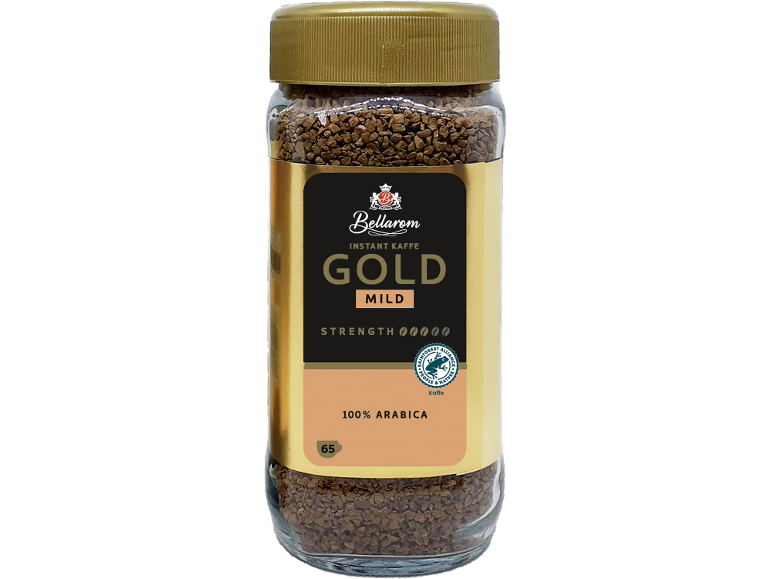 Glas instantkaffe med guldlåg og etiket med teksten 'GOLD MILD' og '100% ARABICA'.