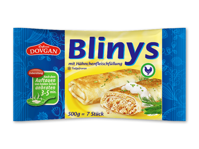 Frosne blinis med kyllingefyld, 500g (7 stk.), tilberedningsvejledning.