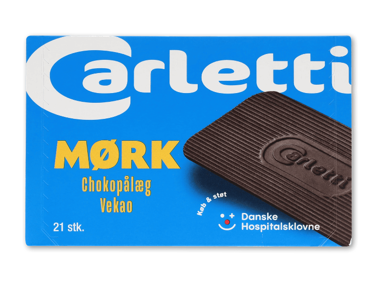 Blå æske med mørkt chokoladepålæg, teksten 'MØRK Chokopålæg Vekao' og '21 stk.'
