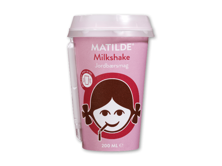 Lyserød jordbærmilkshake i kop med låg og sugerør, 200 ml.