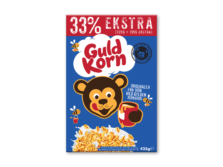 Morgenmadsprodukt med abe, bier og puffet hvede, der reklamerer for 33% ekstra.